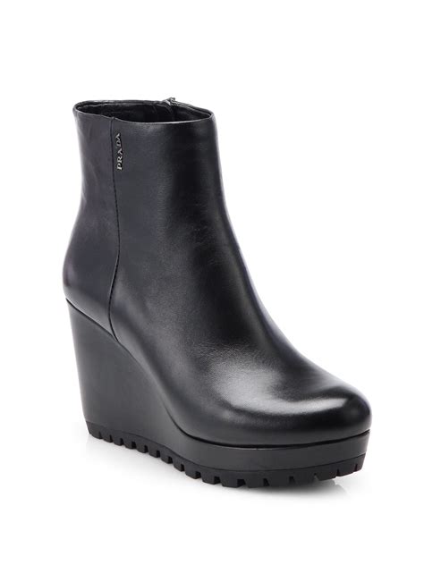 prada women's black leather wedge ankle boots|Prada ankle boots on sale.